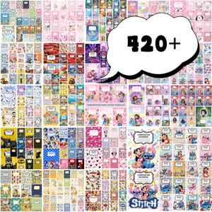 May include: A digital collection of over 420 composition notebook cover templates featuring various colorful cartoon characters, patterns, and themes. Each rectangular template includes a white label area for writing names and subjects.