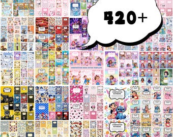 May include: A digital collection of over 420 composition notebook cover templates featuring various colorful cartoon characters, patterns, and themes. Each rectangular template includes a white label area for writing names and subjects.