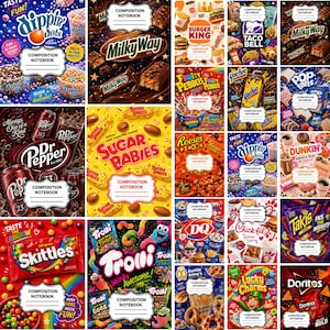 May include: A collection of composition notebooks featuring various food and snack brand logos and imagery, including Dippin' Dots, Milky Way, Burger King, Taco Bell, Dr. Pepper, Sugar Babies, Fruity Pebbles, Yoo-hoo, Pop-Tarts, Reese's Pieces, Dunkin', Skittles, Trolli, DQ, Chick-fil-A, Takis, Auntie Anne's, Lucky Charms, and Doritos.