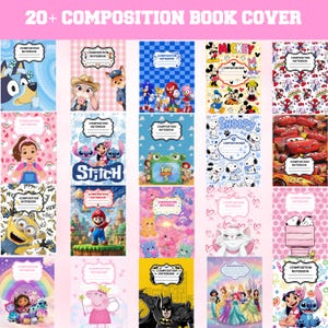 Puede incluir: Una colección de más de 20 portadas para cuadernos de composición con varios personajes de dibujos animados, incluyendo Bluey, Mickey Mouse, Spider-Man, Stitch, Toy Story, Snoopy, Cars, Minions, Mario, Care Bears, Batman y princesas de Disney.