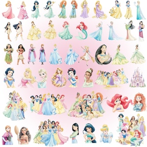 May include: A collection of colorful illustrations featuring various animated princesses in diverse gowns and outfits, including individual portraits, group scenes, and a castle, all arranged on a light pink background with no text.