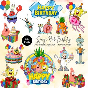 Puede incluir: Una colección digital de ilustraciones con temática de cumpleaños de Bob Esponja que incluye personajes como Patricio, Don Cangrejo, Calamardo y Arenita con globos, pasteles y regalos. El texto incluye Happy Birthday y 65+ PNGs.