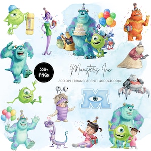 May include: A digital collection of Monsters Inc. character illustrations including Sulley, Mike Wazowski, Boo, and others in various poses with party hats, balloons, and gifts. The text reads Monsters Inc, 220+ PNGs, 300 DPI, and 4000x4000px.