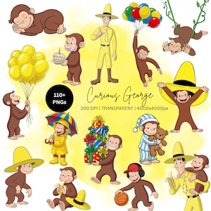 Op de afbeelding: Een digitale collectie van Curious George illustraties met de aap in verschillende houdingen, waaronder met ballonnen, taart etend, met een gele hoed, basketballend en met cadeaus, met de tekst 110+ PNGs 300 DPI.