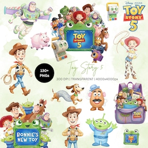 Puede incluir: Una colección digital de ilustraciones de personajes de Toy Story 5 que incluye a Woody, Buzz Lightyear, Jessie, Slinky Dog, Mr. Potato Head y Rex. El set contiene 130+ PNG, 300 DPI, archivos transparentes y 4000x4000px con etiquetas de texto.