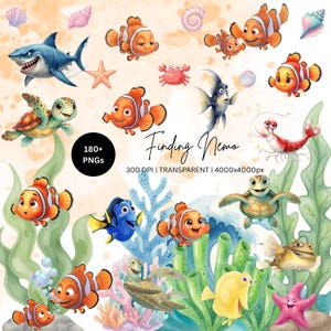 Puede incluir: Una colección digital de ilustraciones de Finding Nemo con peces payaso, un tiburón, tortugas marinas, un pez cirujano, un camarón y estrellas de mar entre corales y algas. La imagen incluye texto: 180+ PNGs, 300 DPI y 4000x4000px.