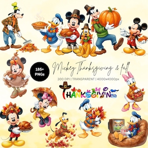 Könnte beinhalten: Eine digitale Sammlung von Disney-Figuren wie Mickey, Minnie, Donald, Daisy, Goofy und Pluto in herbstlicher Kleidung. Das Bild enthält den Text Mickey Thanksgiving & fall, 185+ PNGs, 300 DPI, TRANSPARENT, 4000x4000px und THANKSGIVING.