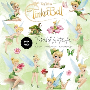 Puede incluir: Una colección digital de ilustraciones en acuarela de Campanilla con el personaje en varias poses, una casa seta, flores y una mariposa. El texto incluye Walt Disney Pictures, TinkerBell y 140+ PNGs 300 DPI 4000x4000px.