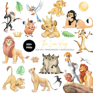May include: A digital collection of The Lion King character illustrations including Simba, Nala, Mufasa, Scar, Timon, Pumbaa, Rafiki, Zazu, and hyenas. The set features 200+ PNGs, 300 DPI, transparent backgrounds, and 4000x4000px dimensions.
