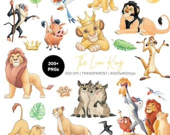 200+ digitala kit med akvarellmotiv för barn, Simba och vänner, safaritema, lejonkungen, digitalt kit med akvarellmotiv, barnclipart