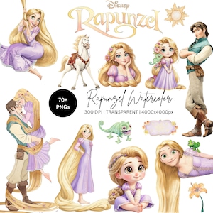 Puede incluir: Una colección de ilustraciones digitales en acuarela de Disney Rapunzel que incluye a Rapunzel, Flynn Rider, el caballo Maximus y el camaleón Pascal. El set contiene más de 70 archivos PNG con fondos transparentes, 300 DPI y 4000x4000px.
