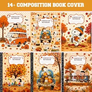 May include: A collection of six composition book covers featuring Peanuts characters in autumn settings. Designs include Snoopy and friends with pumpkins, a van, a blue truck, and fall foliage. Each cover has a white label for a name and title.