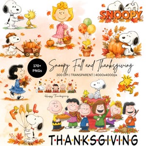 Könnte beinhalten: Eine digitale Sammlung von Snoopy und Peanuts-Figuren in herbstlichen Szenen mit Kürbissen, Herbstlaub und Thanksgiving-Motiven. Der Text umfasst 170+ PNGs, Snoopy Fall and Thanksgiving, 300 DPI, transparent, 4000x4000px, Happy Thanksgiving, FALL und THANKSGIVING.