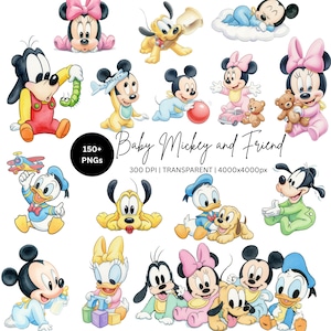 May include: A collection of digital illustrations featuring baby versions of Mickey Mouse, Minnie Mouse, Donald Duck, Daisy Duck, Goofy, and Pluto. The text reads Baby Mickey and Friend, 150+ PNGs, 300 DPI, TRANSPARENT, and 4000x4000px. Characters are shown playing.
