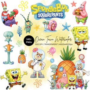 Pode incluir: Uma coleção de ilustrações digitais do Bob Esponja Calça Quadrada com personagens como Patrick Estrela, Sr. Siriguejo, Lula Molusco, Sandy Bochechas, Gary o caracol e Plankton, além de casas de abacaxi, águas-vivas e o logotipo do Bob Esponja.