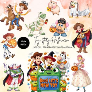 Könnte beinhalten: Eine digitale Sammlung von Toy Story Halloween-Charakterillustrationen mit Woody, Buzz Lightyear, Jessie und Slinky Dog in Kostümen. Das Set enthält 160+ PNG-Dateien mit dem Text Toy story Halloween, 300 DPI, 4000x4000px und Boo! LET'S NEW TOY.