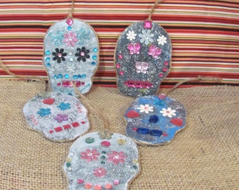 Five Faux Tin Skull Christmas Ornaments