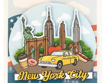 New York Collage - 3D Wooden Souvenir Magnet Featuring Iconic NYC Landmarks Yellow Taxi & Bagel Customizable Gift for New York Lovers