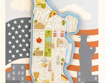 Manhattan Map Design - 3D Wooden Souvenir Magnet Custom New York City Artistic Map with Iconic Neighborhoods  Eco-Friendly Wood NYC Gift