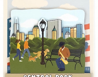 Central Park Sheep Meadow 3D Wooden Souvenir Magnet Custom New York City Scene with Dog Walkers Saxophonist and Iconic Skyline Eco Friendly
