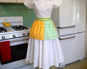 Yellow White Polka Dots / Green Teal Print - Vintage Inspired Half Hostess Apron w Pocket