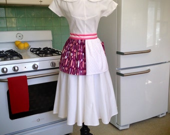 Pink White Polka Dots / Purple Print - Vintage Inspired Half Hostess Apron w Pocket