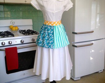 Teal Floral / Blue & White Stripes - Vintage Inspired Half Hostess Apron w Pocket