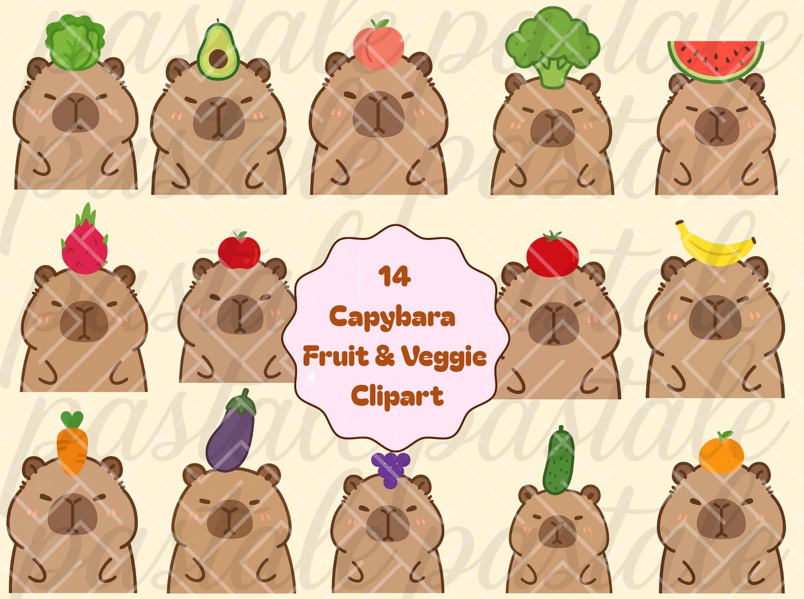 Capybara Fruit & Veggie Clipart | Kawaii Capybara PNG Pack | Cute ...