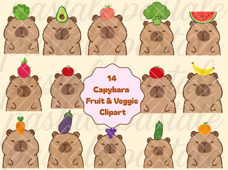 Capybara Fruit & Veggie Clipart | Kawaii Capybara PNG Pack | Cute ...