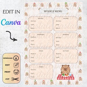Puede incluir: Una plantilla de menú semanal imprimible con una ilustración de oso. El diseño incluye secciones para cada día de la semana, con espacios para el desayuno, el almuerzo y la cena. También se ven las palabras "EDIT IN Canva", "DOWNLOAD", "EDIT", "PRINT" y "CUT".