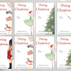Puede incluir: Conjunto de ocho etiquetas de regalo de Navidad con ilustraciones en acuarela. Cada etiqueta presenta el texto "Merry Christmas" y "To:" en rojo, junto con varias imágenes festivas como un camión de juguete, una bailarina, un árbol de Navidad y un cascanueces.