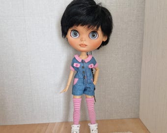 Handmade denim jumpsuit outfit for Blythe dolls.