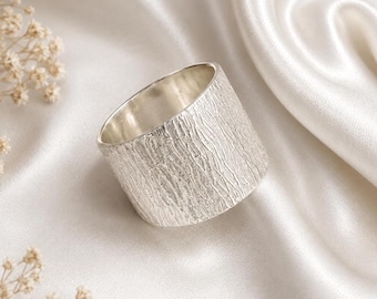 Sterling Silver Wide Band Ring, Organic Textured Statement Jewelry
