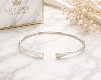 Handmade Silver Open Cuff Bracelet, Thin Minimalist Bangle, Adjustable Modern Jewelry