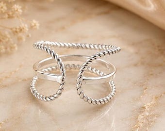 Sterlingzilveren draairing, verstelbaar touw, minimalistische boho-statementsieraden