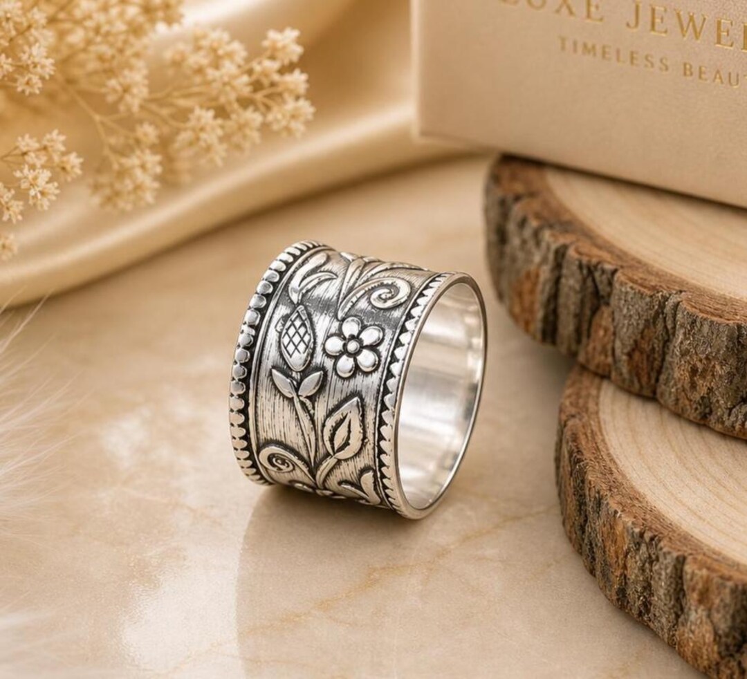 Sterling Silver Floral Wide Band Ring, Vintage Engraved Boho Statement ...