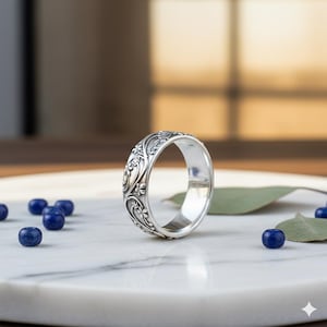 Ring i sterlingsilver med graverad blommig design – Vigselring i vintagestil med uttalande