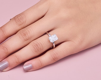 Radiant Cut Hidden Halo Solitaire, Elegant 925 Sterling Silver Handcrafted Statement Piece
