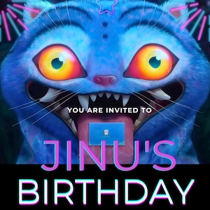 Può includere: Un invito di compleanno vibrante con un gatto blu con grandi occhi colorati e denti affilati. Il testo "YOU ARE INVITED TO JINU'S BIRTHDAY" è visualizzato in un font in stile neon, insieme alla data, all'ora e al luogo. Elementi decorativi includono fuochi d'artificio e illustrazioni di torte.