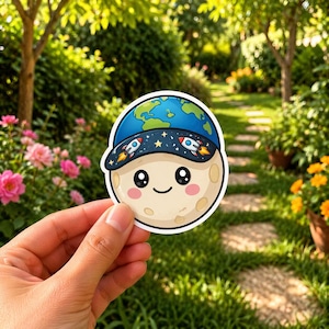 May include: A whimsical sticker featuring a smiling moon character wearing a blue cap with a map of the Earth and rockets. The moon has rosy cheeks and a happy expression. The sticker is held against a backdrop of a lush green garden.