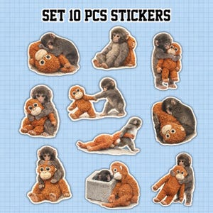 May include: Set of 10 stickers featuring various illustrations of monkeys. The stickers depict monkeys in different poses, including hugging, playing, and resting. The stickers are on a light blue background with a grid pattern.