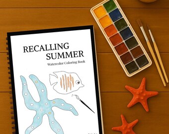 Könnte beinhalten: Ein Spiral-Malbuch mit dem Titel "Recalling Summer" mit Illustrationen von Seesternen und Fischen. Ein Aquarellfarbenset, zwei Pinsel und zwei orangefarbene Seesterne sind ebenfalls vorhanden.