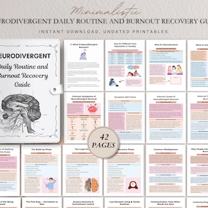 Op de afbeelding: Een witte map met de titel "Neurodivergent Daily Routine and Burnout Recovery Guide" met een hersenillustratie. De gids bevat 42 pagina's met ongedateerde printables. De pagina's hebben titels als "Common Symptoms of Neurodivergent Burnout".