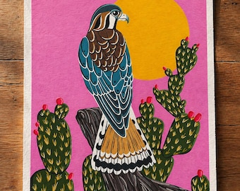 Gouache Painting Bird desert cactus