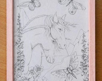 Disegno a matita A5 cavalli unicorni farfalle fiori