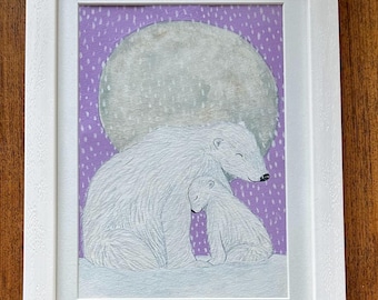 Cuadro original en gouache enmarcado: Osa polar madre y cachorro, tamaño A5.