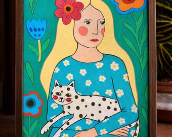 Handmålad gouacheporträttmålning av en flicka med prickig katt och blommor