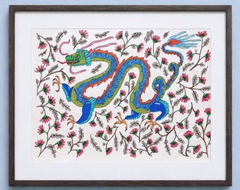 Peinture acrylique Dragon original avec fleurs ornementales.