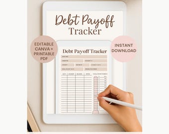 May include: A digital tablet displays a "Debt Payoff Tracker" template. The template includes fields for tracking debt, with the words "Editable Canva + Printable PDF" and "Instant Download" displayed on the screen. A hand is using a stylus to interact with the tablet.