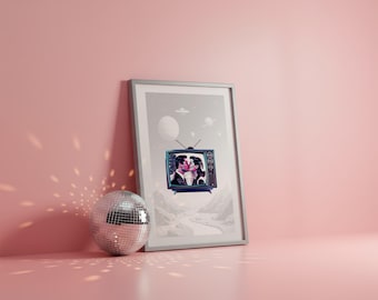 Retro Kissing Couple Print, Glitchy TV, Cosmic Sci-Fi Art (Digital Download)